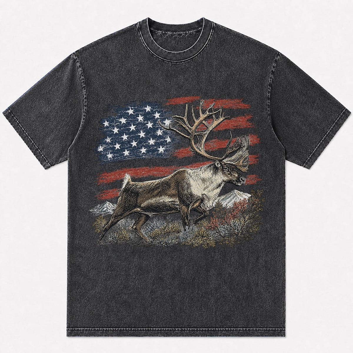 100% Cotton American Flag Elk Hunting T-Shirt — black front view with printed graphic