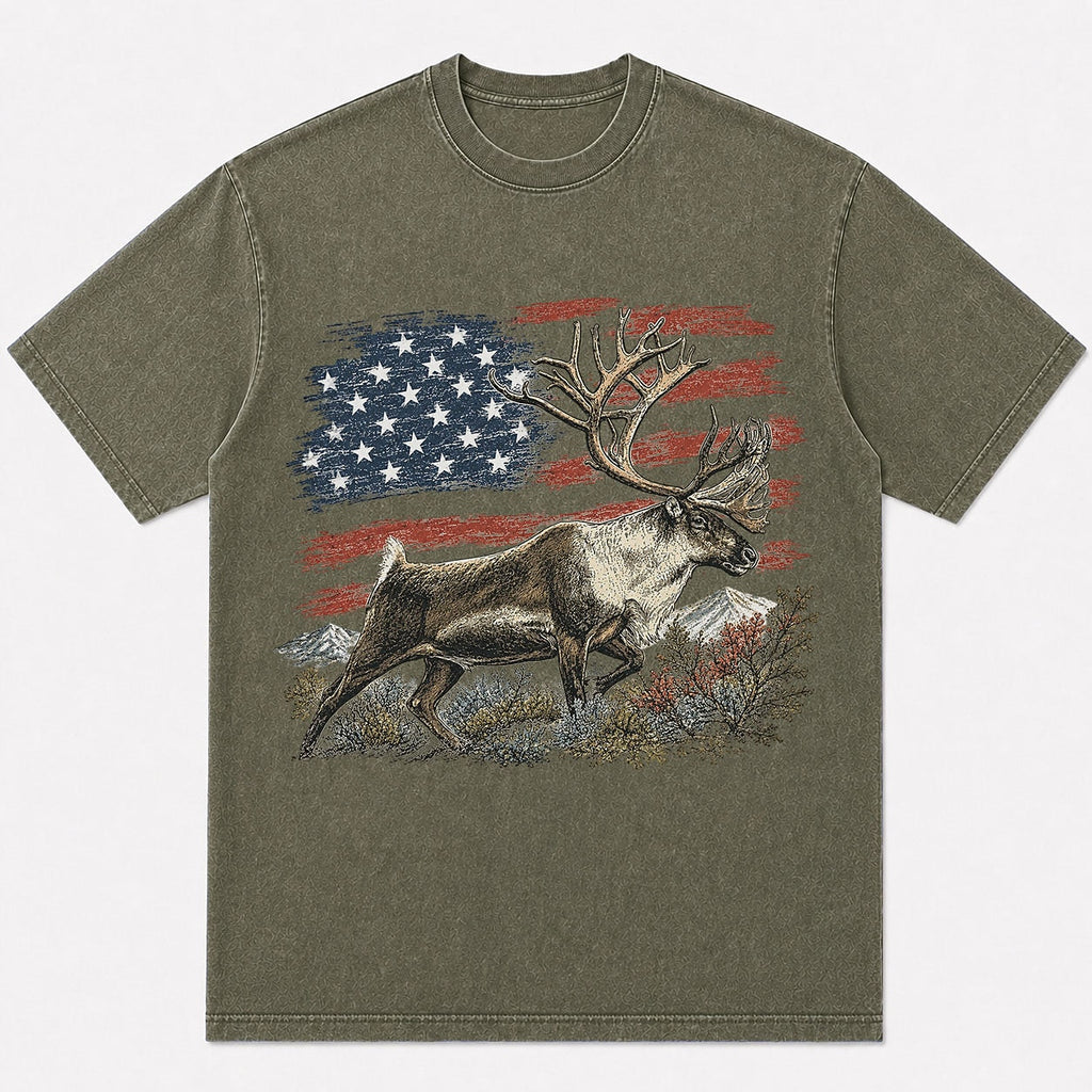100% Cotton American Flag Elk Hunting T-Shirt — close-up of cotton fabric and stitching