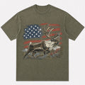 100% Cotton American Flag Elk Hunting T-Shirt — close-up of cotton fabric and stitching
