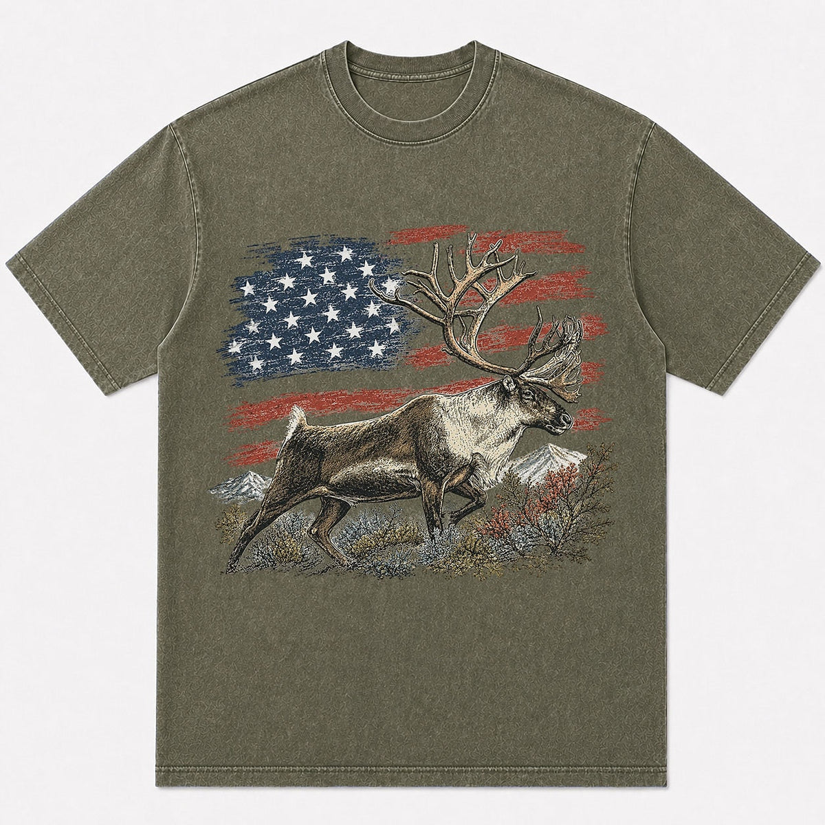 100% Cotton American Flag Elk Hunting T-Shirt — close-up of cotton fabric and stitching