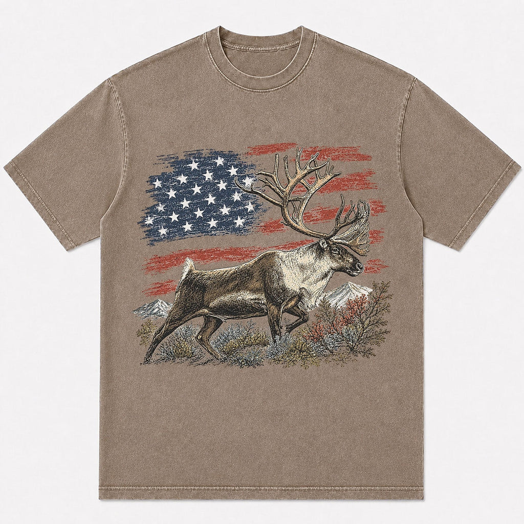 100% Cotton American Flag Elk Hunting T-Shirt — navy front view with printed graphic