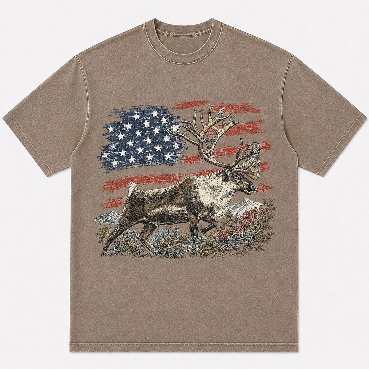 100% Cotton American Flag Elk Hunting T-Shirt — navy front view with printed graphic