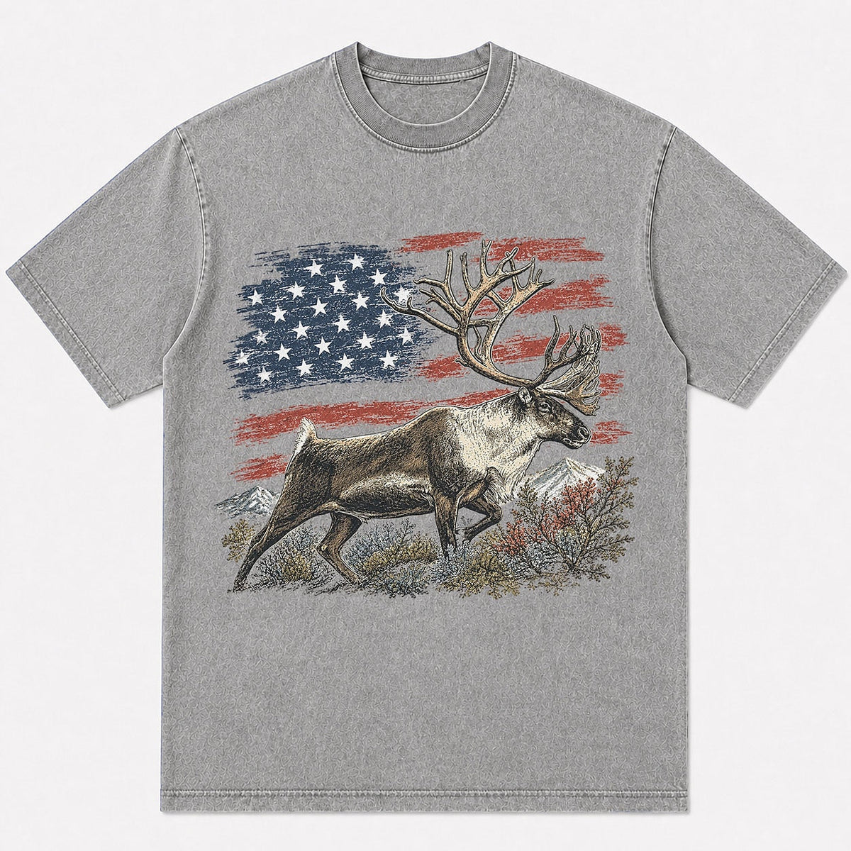 100% Cotton American Flag Elk Hunting T-Shirt — white front view with printed graphic