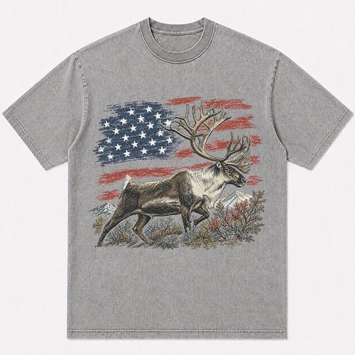 100% Cotton American Flag Elk Hunting T-Shirt — white front view with printed graphic