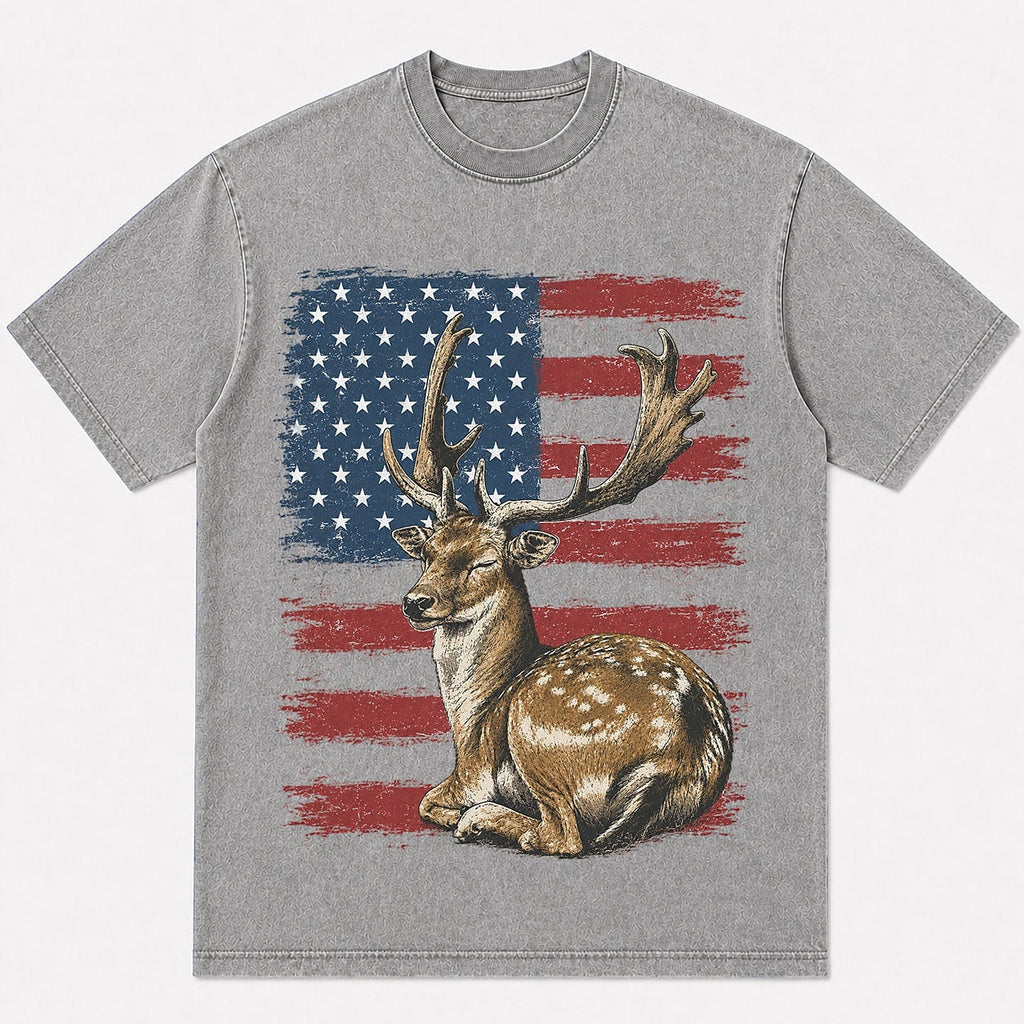 100% Cotton American Flag Fallow Deer Hunting T-Shirt — black front view with printed graphic