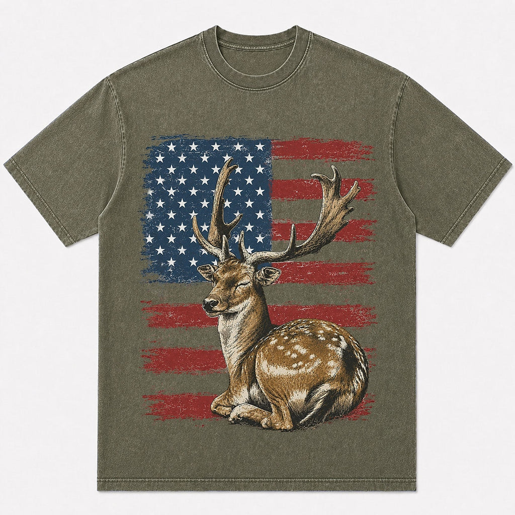 100% Cotton American Flag Fallow Deer Hunting T-Shirt — close-up of cotton fabric and stitching