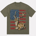 100% Cotton American Flag Fallow Deer Hunting T-Shirt — close-up of cotton fabric and stitching