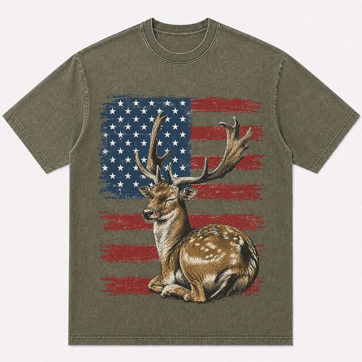 100% Cotton American Flag Fallow Deer Hunting T-Shirt — close-up of cotton fabric and stitching