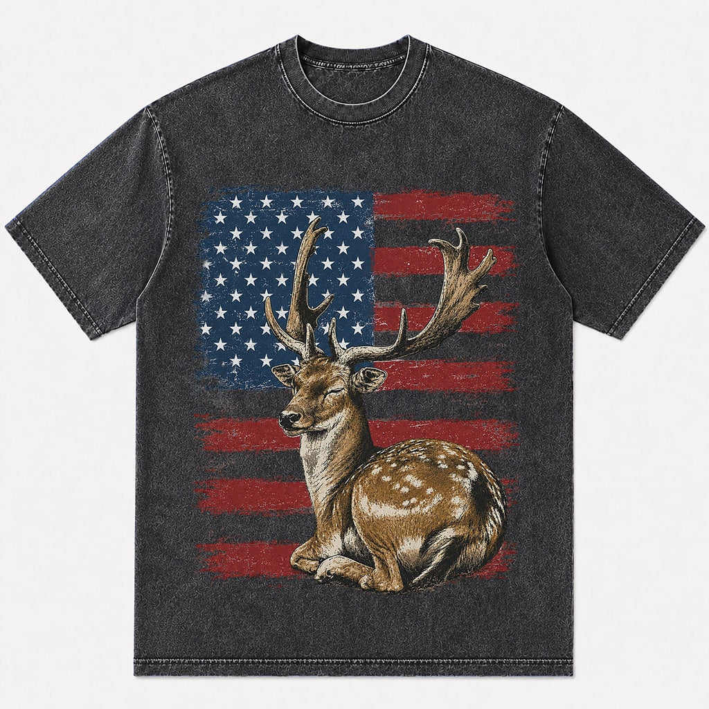 100% Cotton American Flag Fallow Deer Hunting T-Shirt — navy front view with printed graphic
