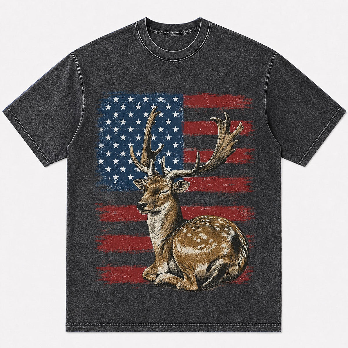 100% Cotton American Flag Fallow Deer Hunting T-Shirt — navy front view with printed graphic