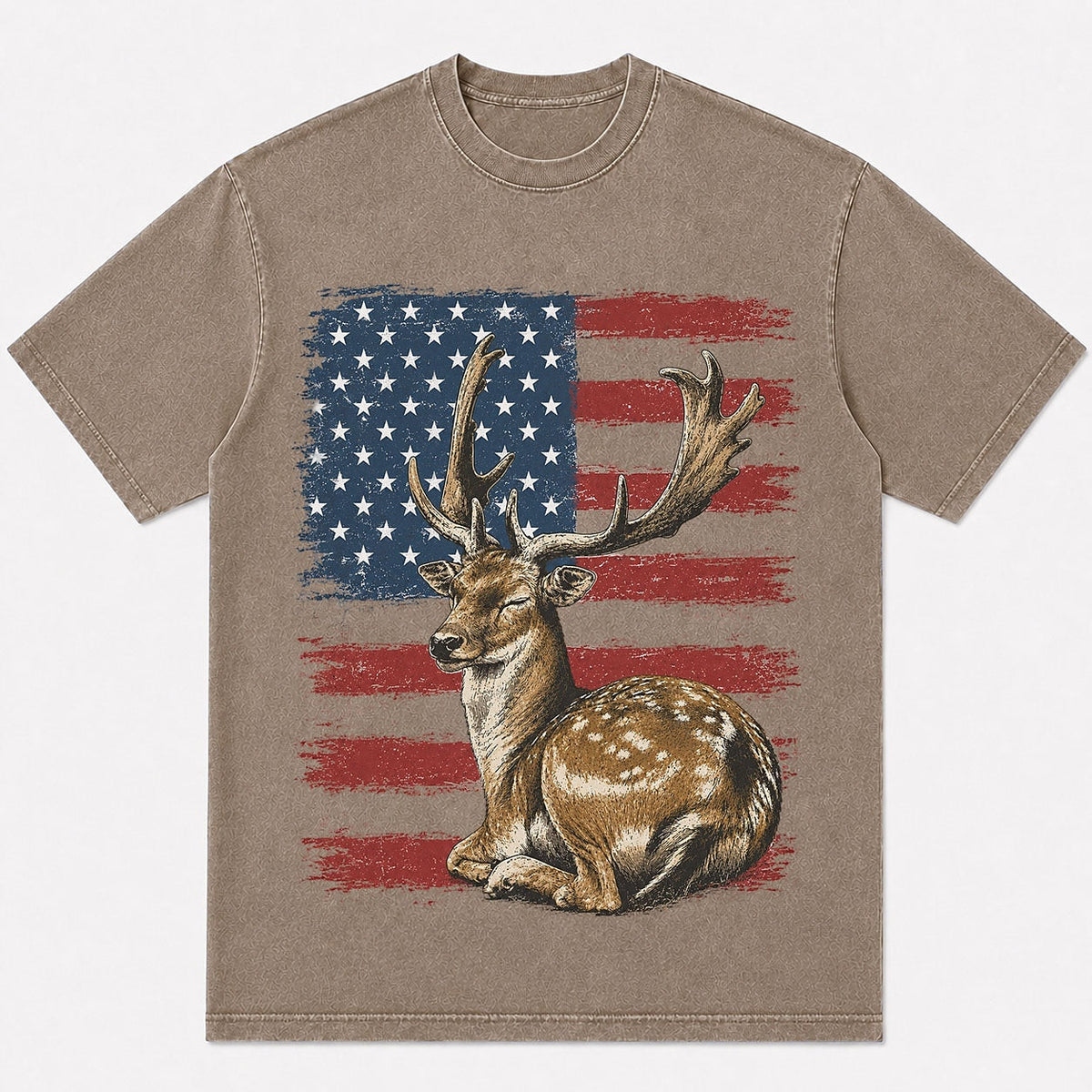 100% Cotton American Flag Fallow Deer Hunting T-Shirt — white front view with printed graphic