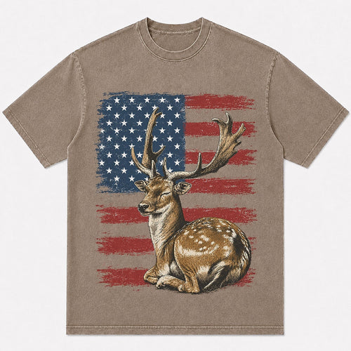 100% Cotton American Flag Fallow Deer Hunting T-Shirt — white front view with printed graphic