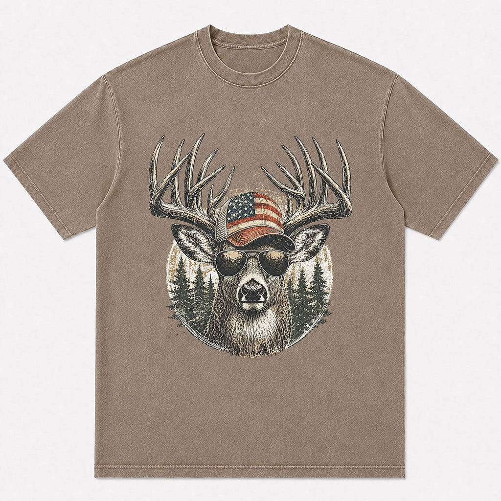 100% Cotton Big Buck Deer Hunting Graphic T-Shirt — black front view with printed graphic