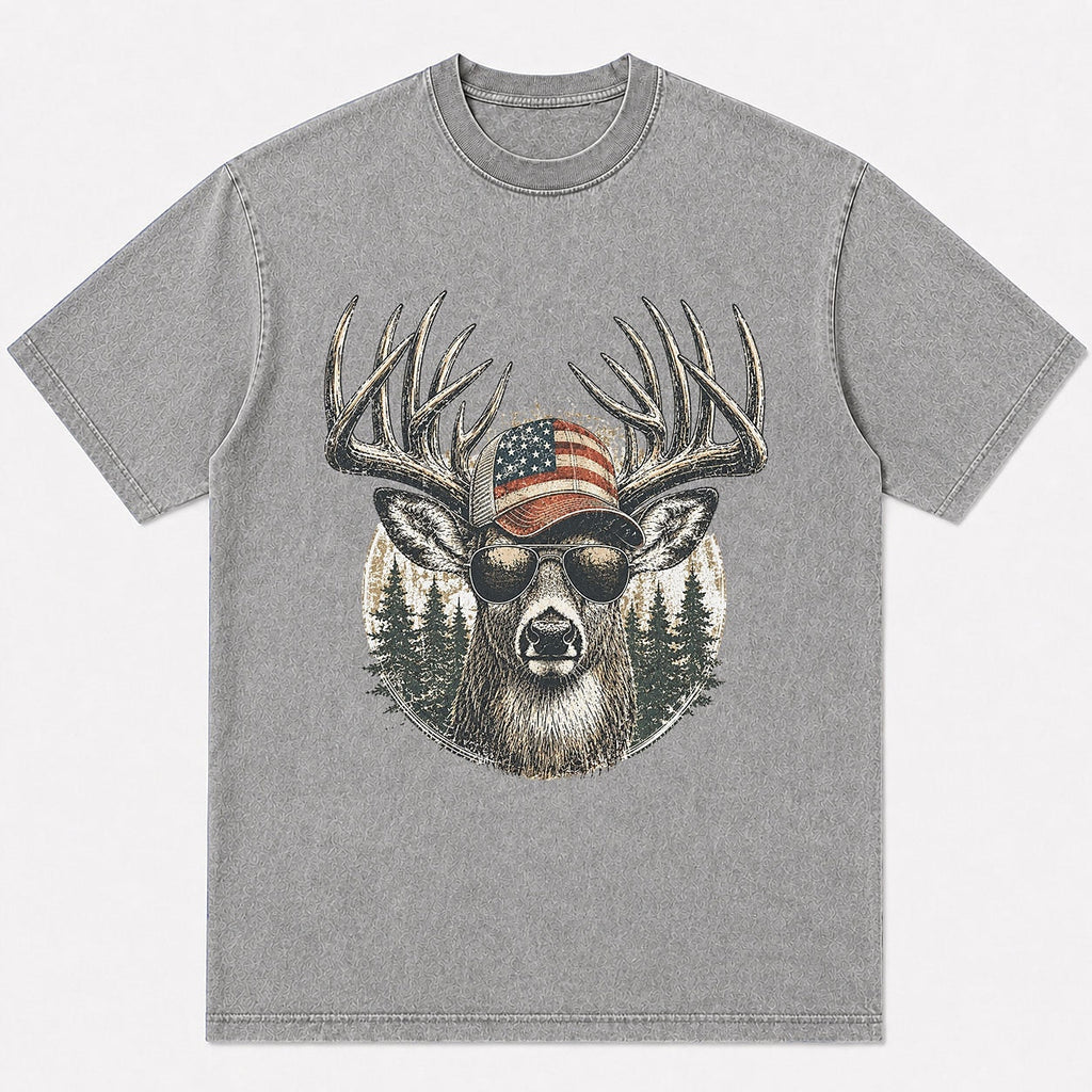 100% Cotton Big Buck Deer Hunting Graphic T-Shirt — navy front view with printed graphic