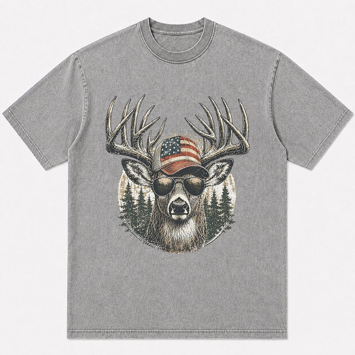 100% Cotton Big Buck Deer Hunting Graphic T-Shirt — navy front view with printed graphic