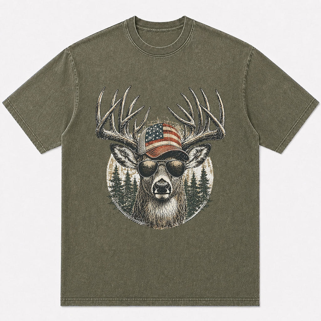 100% Cotton Big Buck Deer Hunting Graphic T-Shirt — white front view with printed graphic