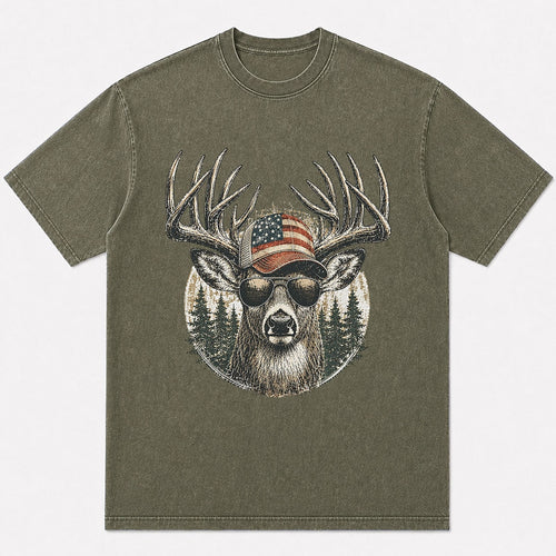 100% Cotton Big Buck Deer Hunting Graphic T-Shirt — white front view with printed graphic
