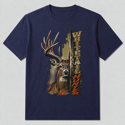 100% Cotton Big Buck Hunting T-Shirt — navy front view with printed graphic