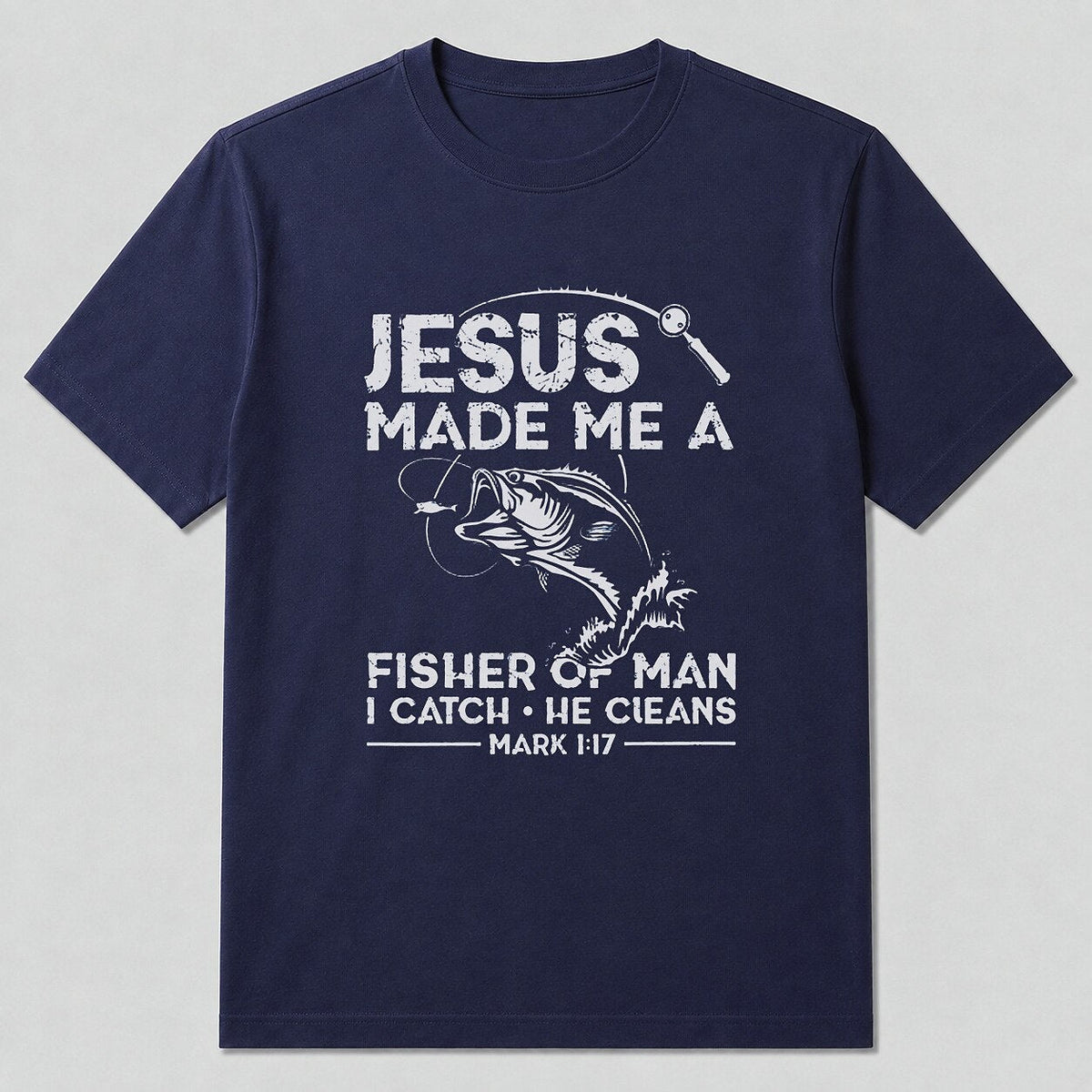 100% Cotton Largemouth Bass Fishing Graphic T-Shirt — navy front view with printed graphic