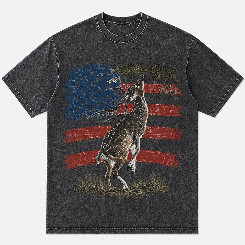 100% Cotton Leaping Whitetail Deer Hunting T-Shirt — black front view with printed graphic