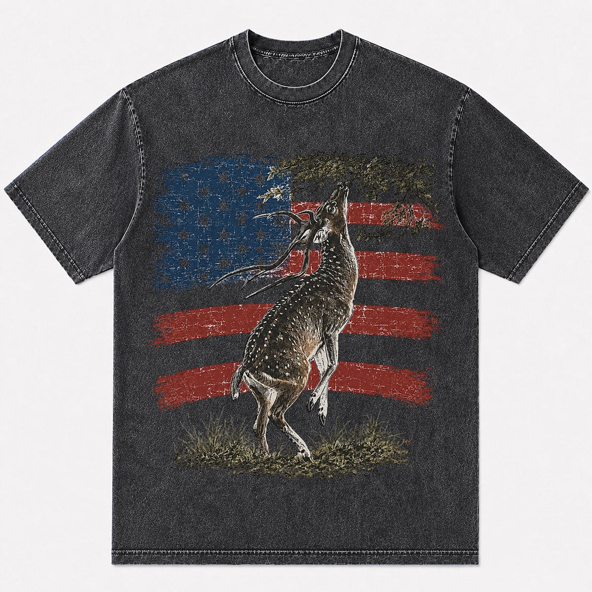 100% Cotton Leaping Whitetail Deer Hunting T-Shirt — black front view with printed graphic