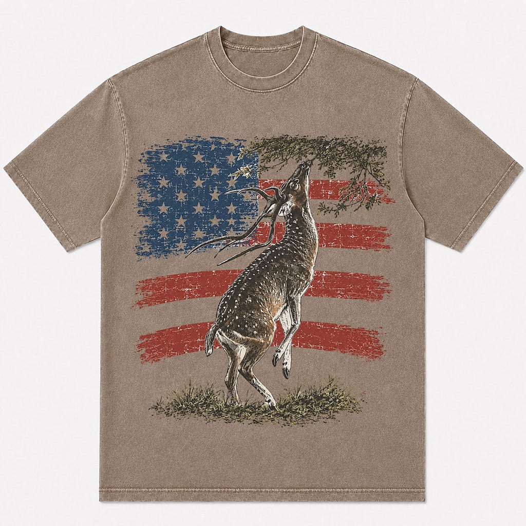 100% Cotton Leaping Whitetail Deer Hunting T-Shirt — close-up of cotton fabric and stitching