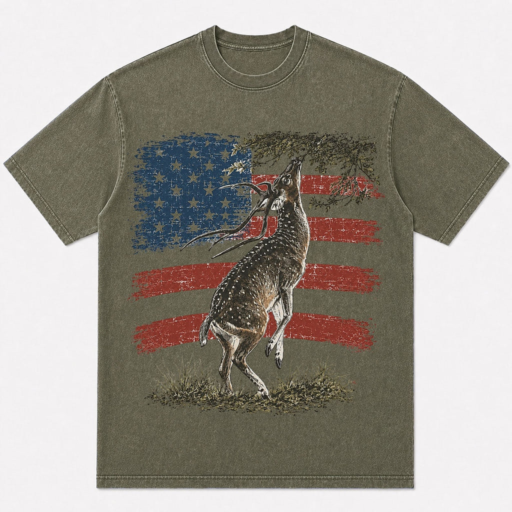 100% Cotton Leaping Whitetail Deer Hunting T-Shirt — navy front view with printed graphic