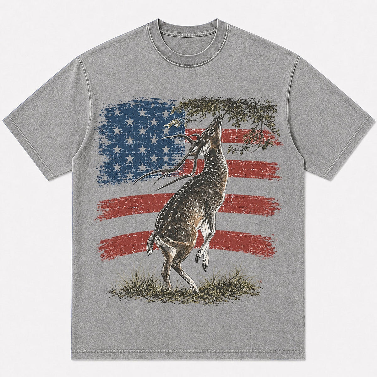 100% Cotton Leaping Whitetail Deer Hunting T-Shirt — white front view with printed graphic