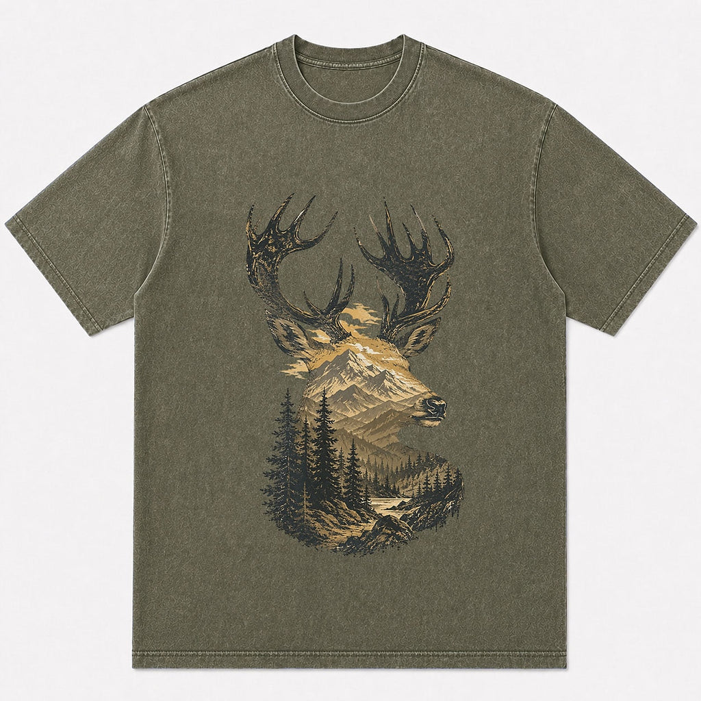100% Cotton Mountain Elk Big Game Hunting T-Shirt — navy front view with printed graphic