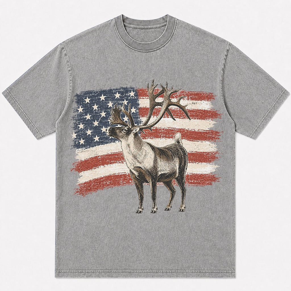 100% Cotton Patriotic Whitetail Buck Hunting T-Shirt — black front view with printed graphic