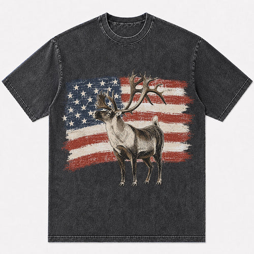 100% Cotton Patriotic Whitetail Buck Hunting T-Shirt — white front view with printed graphic