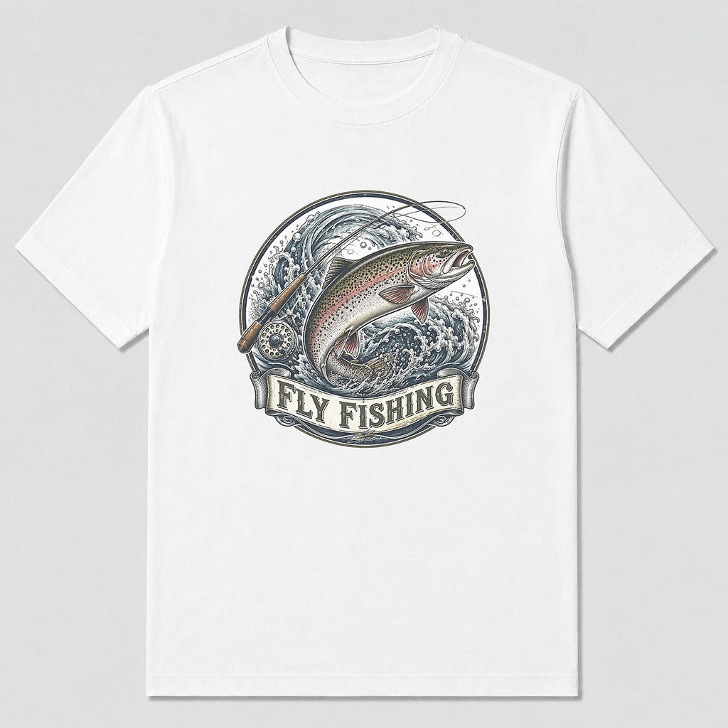 100% Cotton Rainbow Trout Fly Fishing T-Shirt — charcoal front view with printed graphic