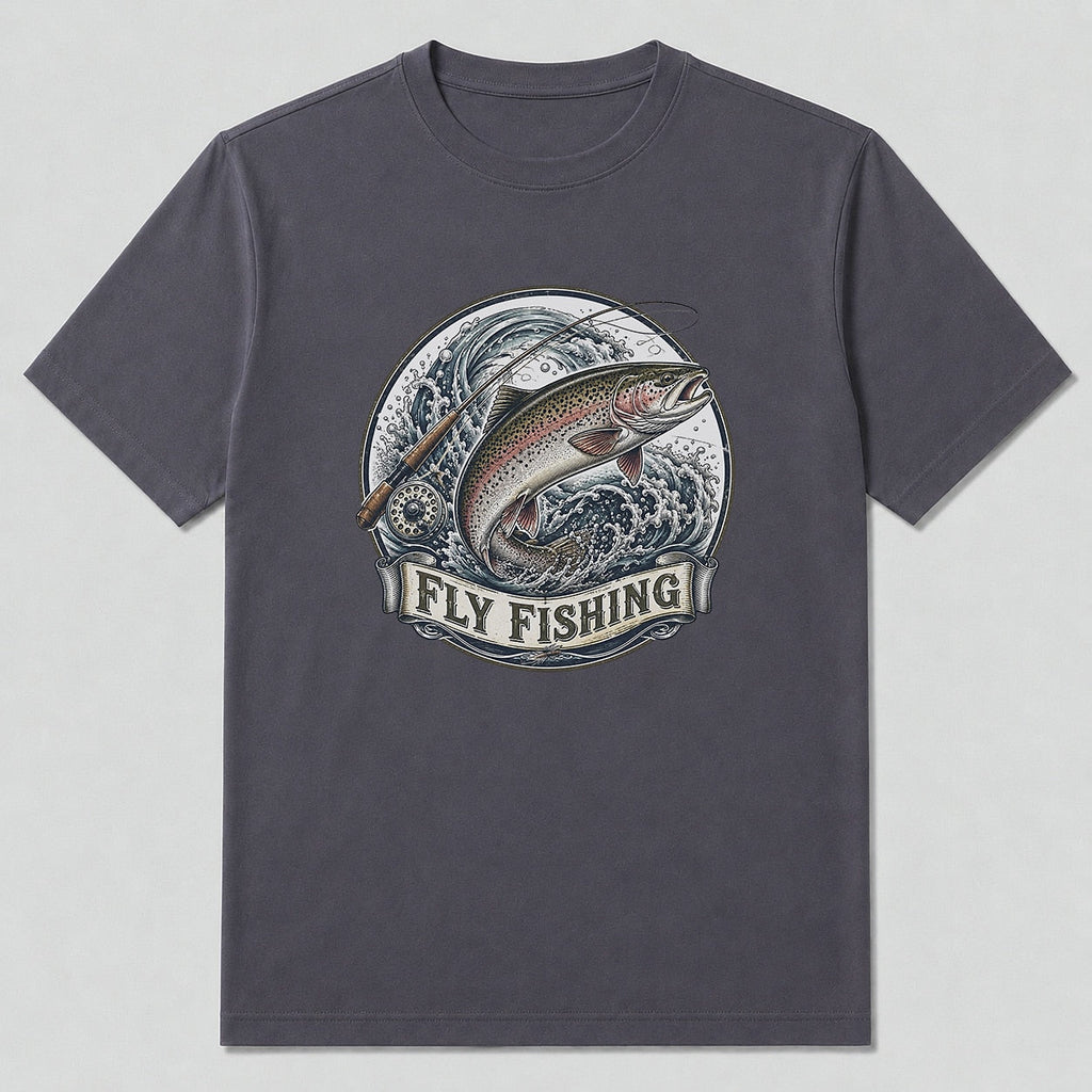 100% Cotton Rainbow Trout Fly Fishing T-Shirt — close-up of cotton fabric and stitching