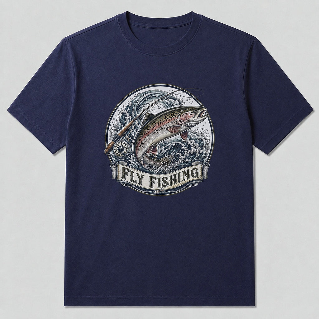 100% Cotton Rainbow Trout Fly Fishing T-Shirt — navy front view with printed graphic