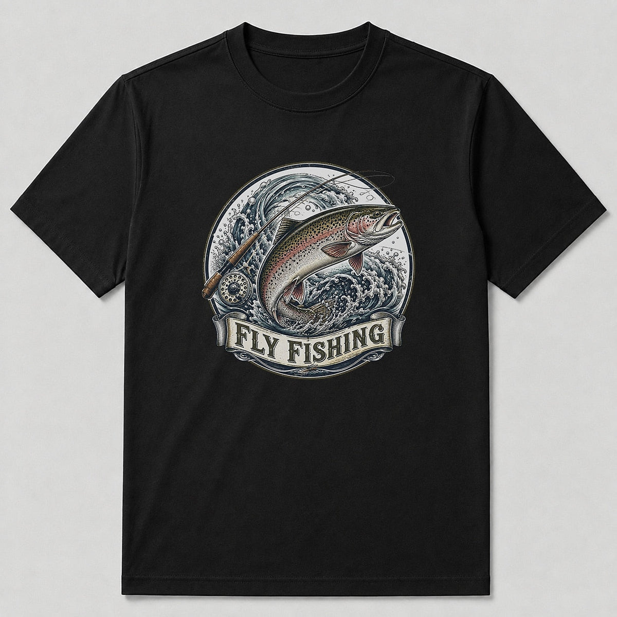 100% Cotton Rainbow Trout Fly Fishing T-Shirt — white front view with printed graphic