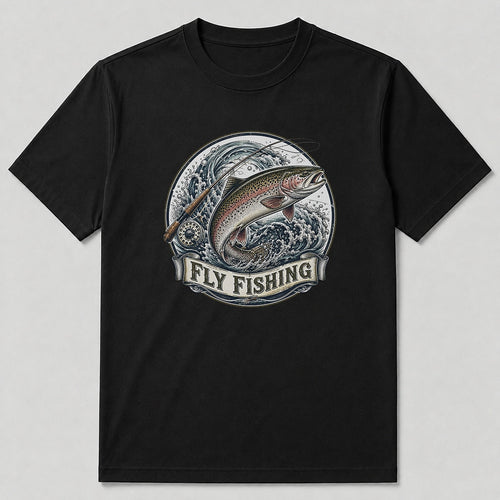 100% Cotton Rainbow Trout Fly Fishing T-Shirt — white front view with printed graphic