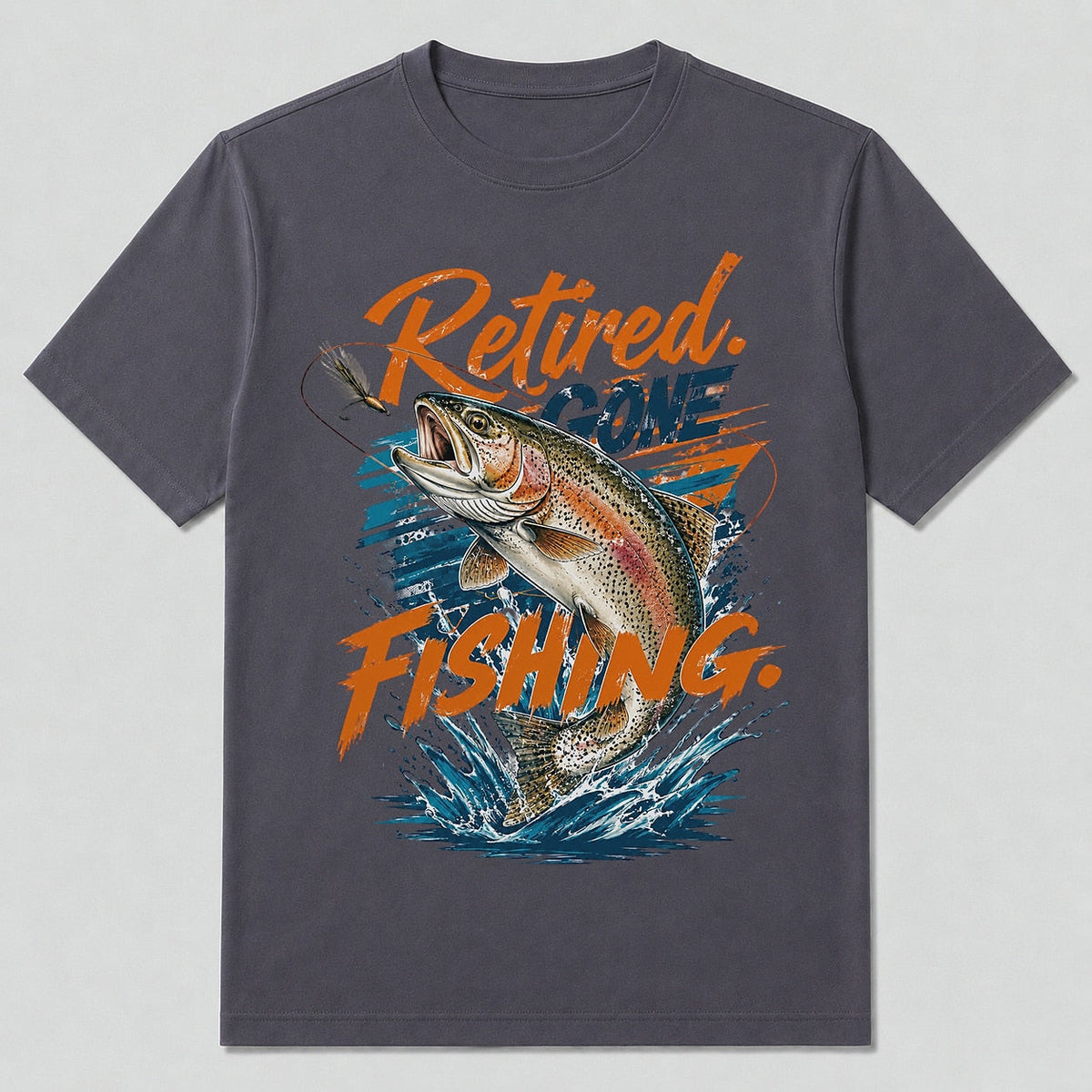 100% Cotton Retired Rainbow Trout Fishing T-Shirt — charcoal front view with printed graphic