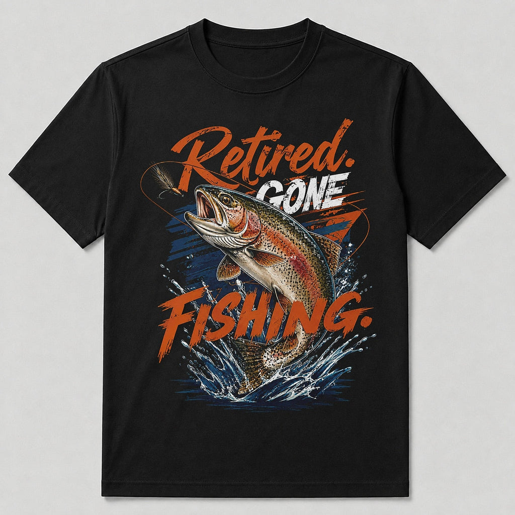 100% Cotton Retired Rainbow Trout Fishing T-Shirt — navy front view with printed graphic