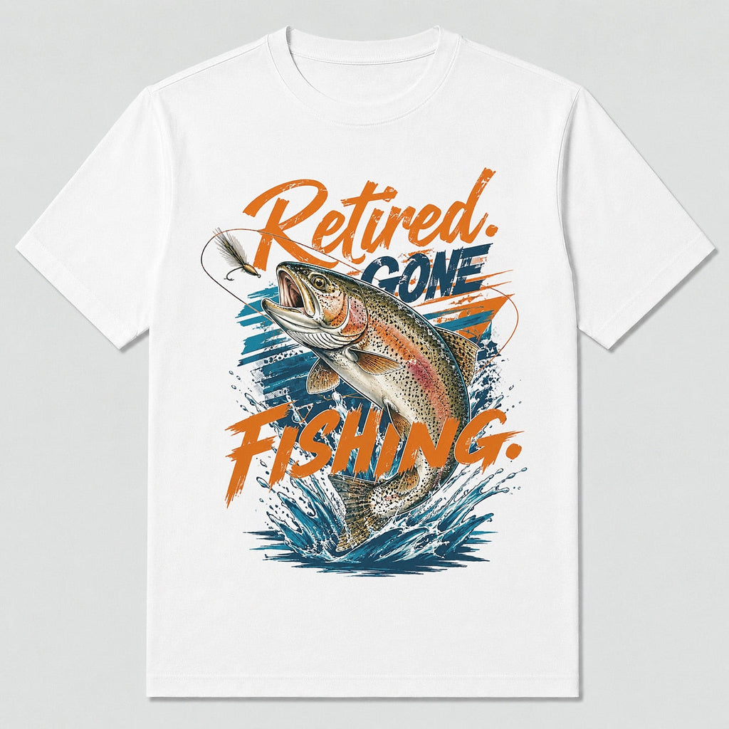 100% Cotton Retired Rainbow Trout Fishing T-Shirt — white front view with printed graphic