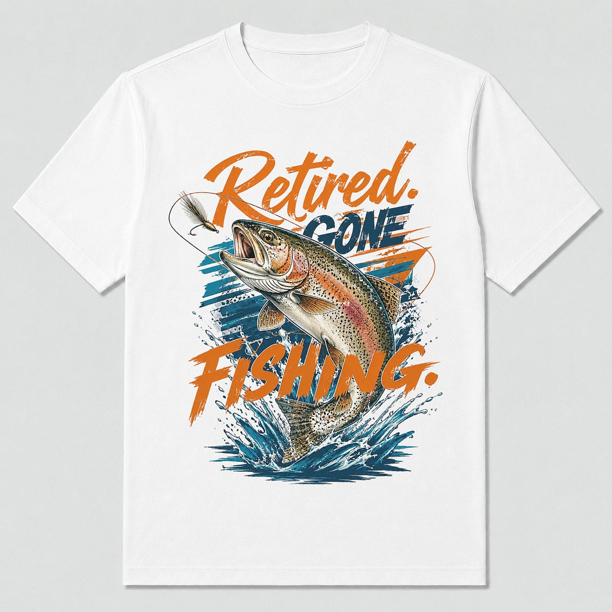 100% Cotton Retired Rainbow Trout Fishing T-Shirt — white front view with printed graphic