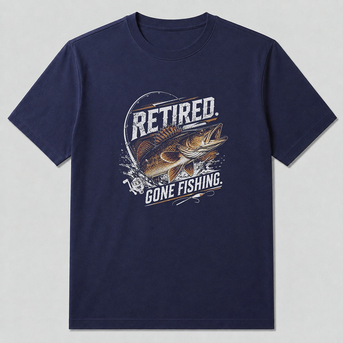 100% Cotton Retired Walleye Lake Fishing T-Shirt — navy front view with printed graphic