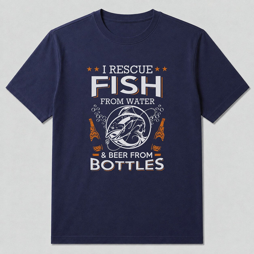 100% Cotton Vintage Rainbow Trout Fishing T-Shirt — navy front view with printed graphic