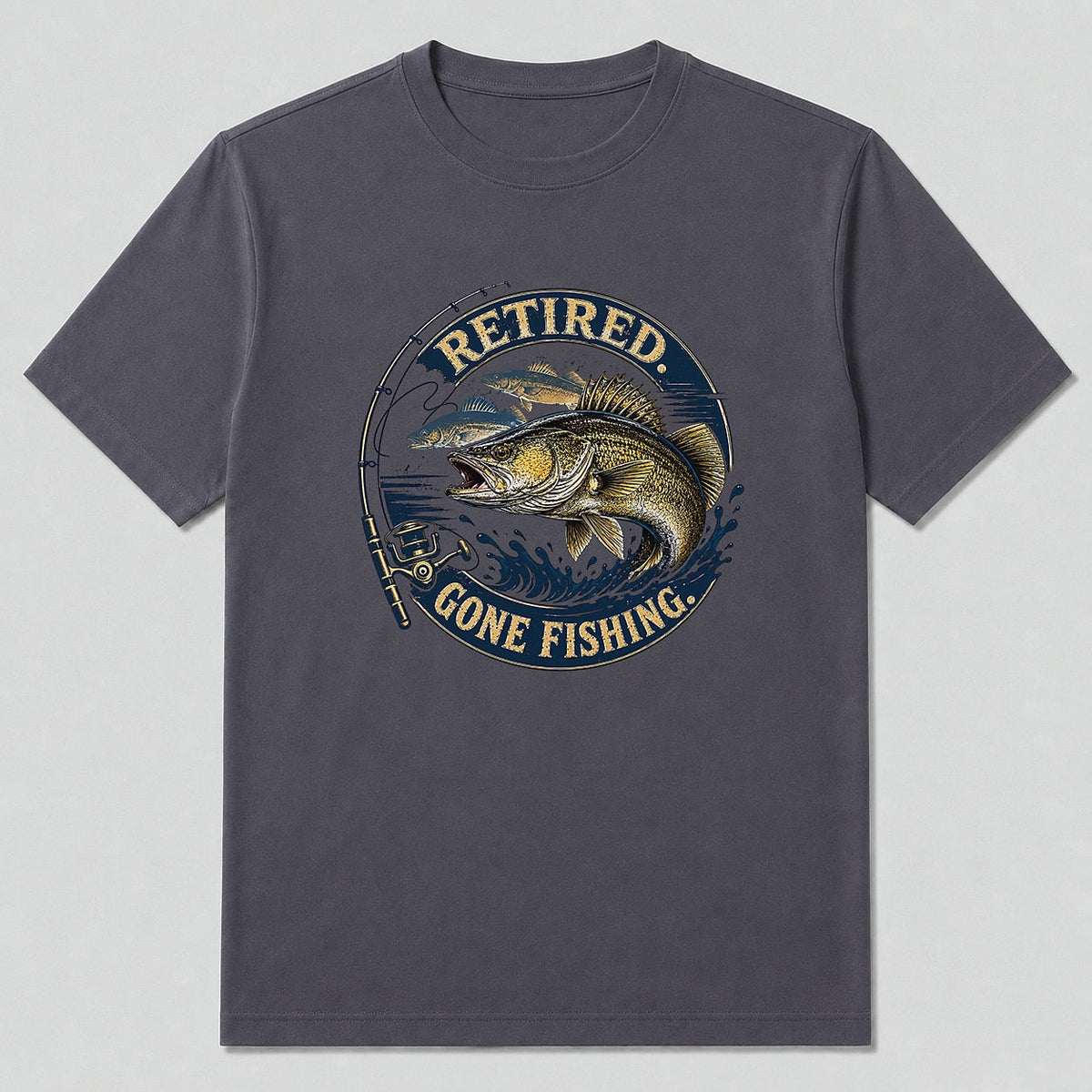 100% Cotton Walleye Sport Fishing Graphic T-Shirt — charcoal front view with printed graphic