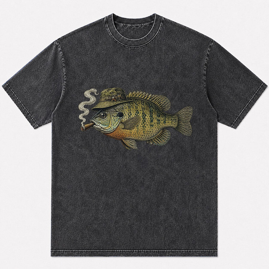 100% Cotton Washed T-Shirt with Cigar-Smoking Bluegill Fishing Graphic - front product view