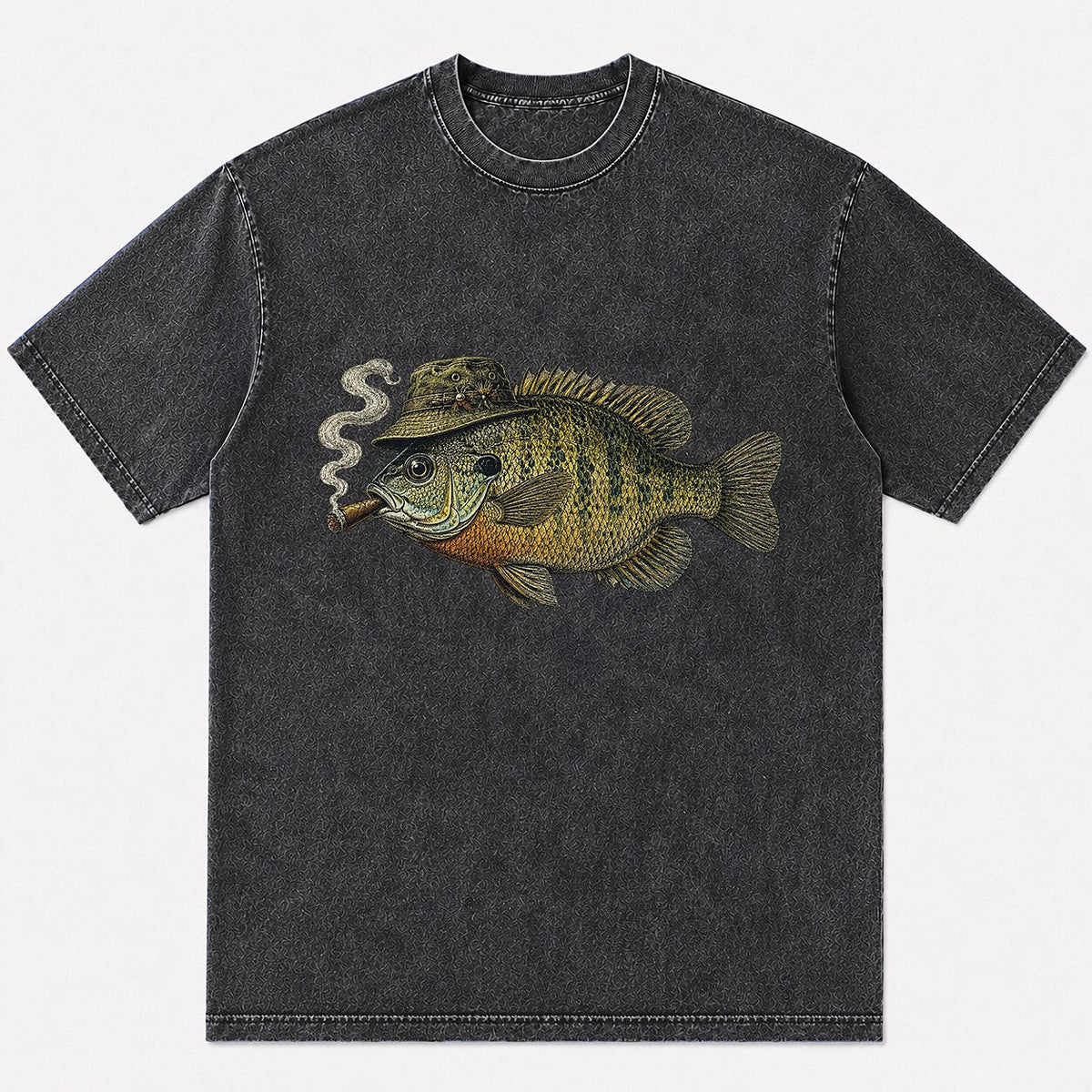 100% Cotton Washed T-Shirt with Cigar-Smoking Bluegill Fishing Graphic - front product view