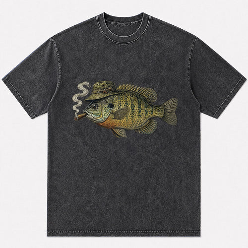 100% Cotton Washed T-Shirt with Cigar-Smoking Bluegill Fishing Graphic - front product view