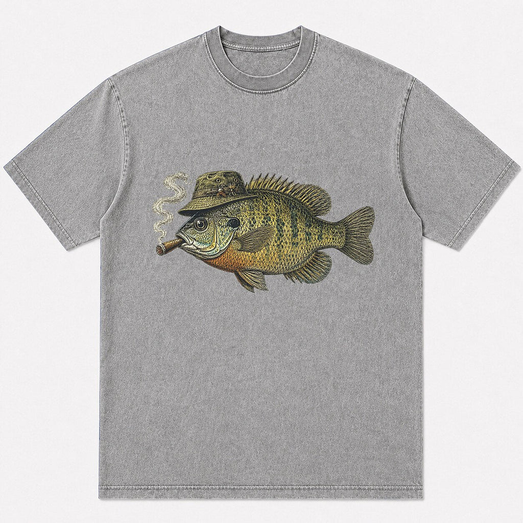 100% Cotton Washed T-Shirt with Cigar-Smoking Bluegill Fishing Graphic - alternate product view