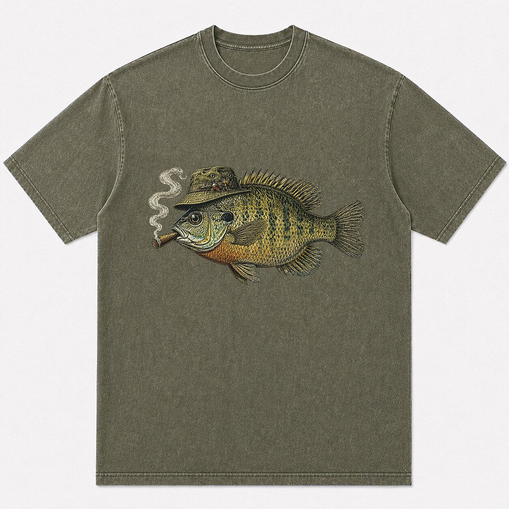 100% Cotton Washed T-Shirt with Cigar-Smoking Bluegill Fishing Graphic - lifestyle product view