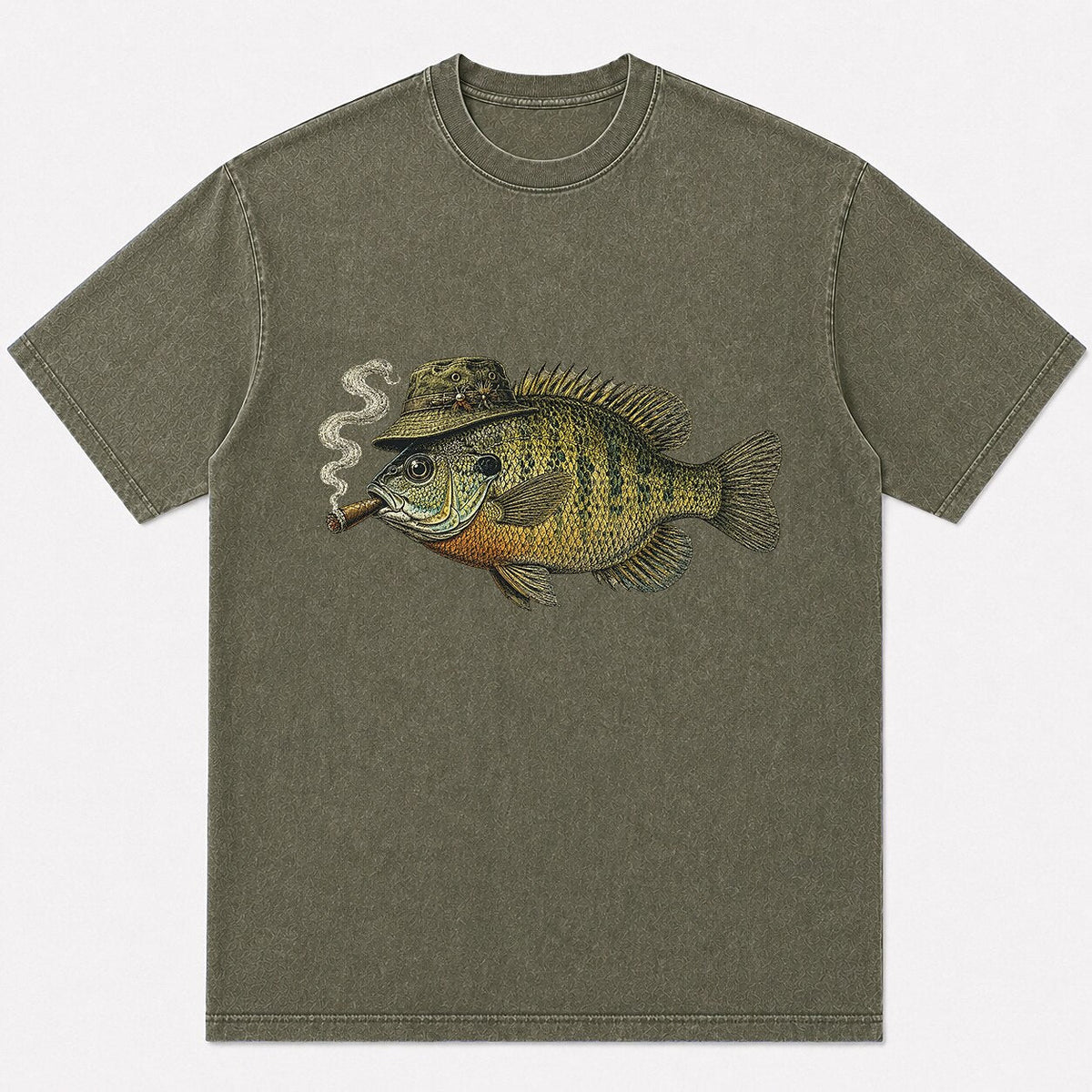 100% Cotton Washed T-Shirt with Cigar-Smoking Bluegill Fishing Graphic - lifestyle product view