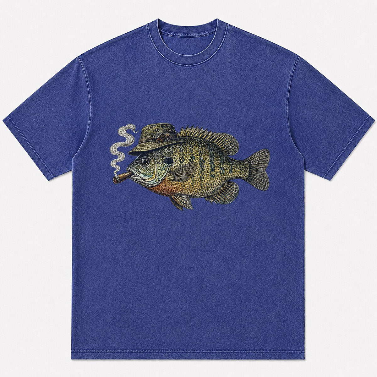100% Cotton Washed T-Shirt with Cigar-Smoking Bluegill Fishing Graphic - additional product view